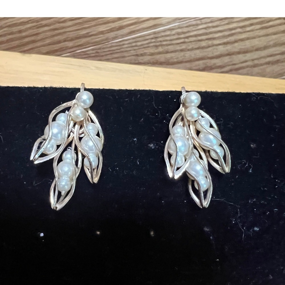 Vtg Caged Leaf Faux Pearl Cluster Clip On Earrings Gold Tone Chunky Y2K 90's